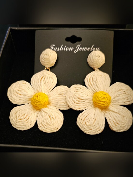 Fashion Jewelry Jewelry - Fashion Jewelry Cream and Yellow Woven Floral Drop Earrings